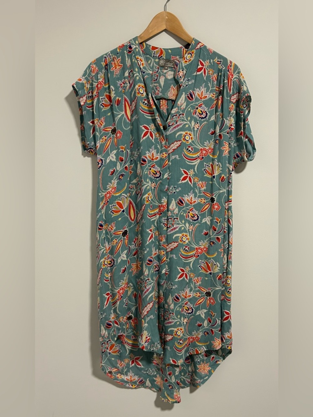 Chai Shirt Dress - Teal Floral Boho Button Down Lightweight Dress, Size Small
